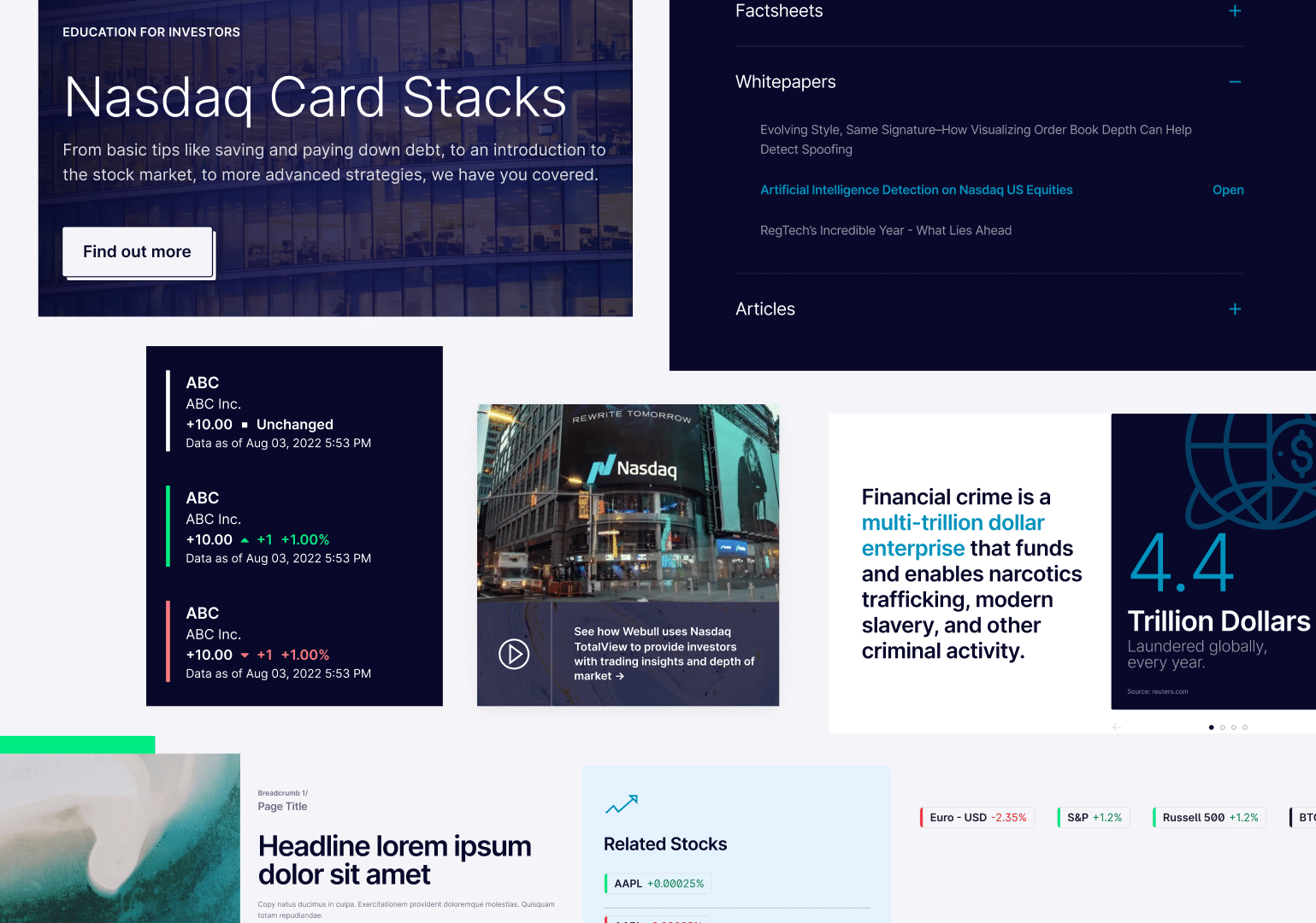 Nasdaq design system components including stock tickers, educational cards, video modules, and data visualizations